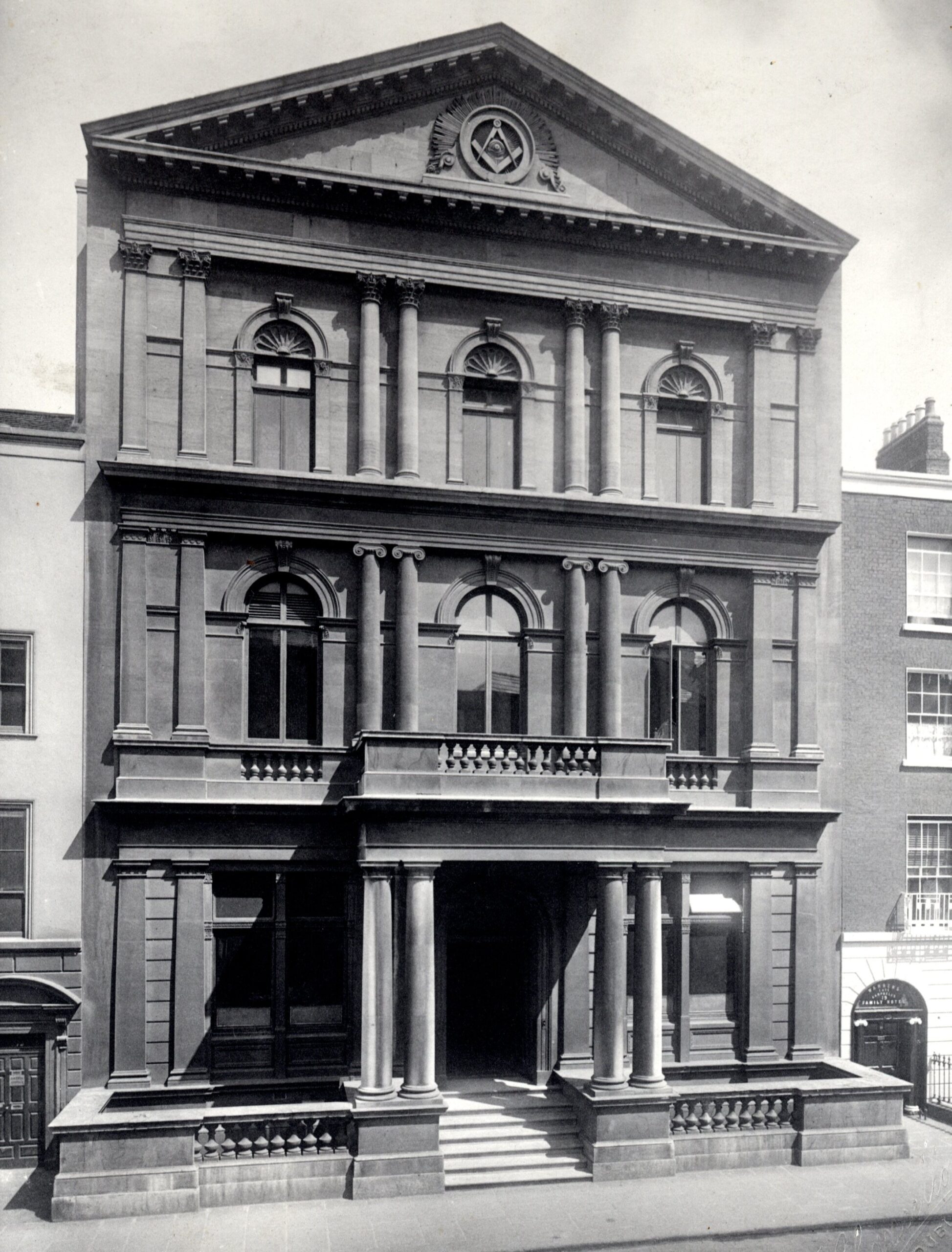 Black and white photo of Freemasons' Hall Masonic Lodge