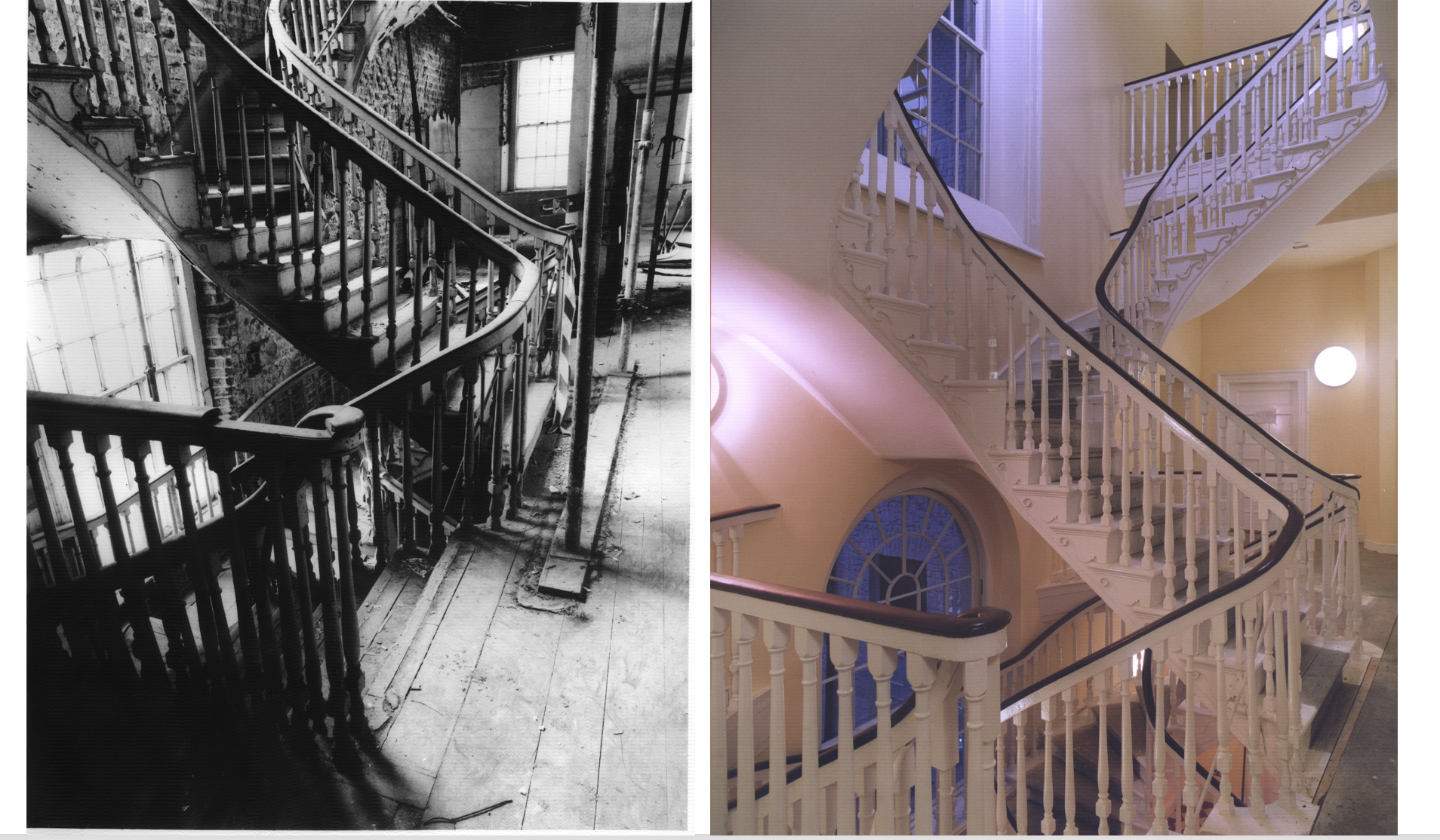 A pair of images of the Clock Tower staircase before [c.1994] and after [c.1996] renovation