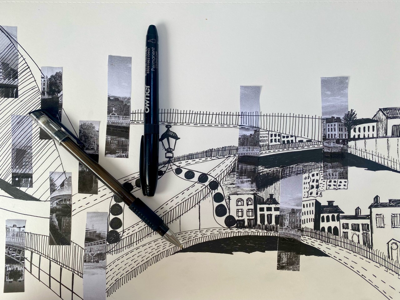 Black and white collage of Dublin bridges
