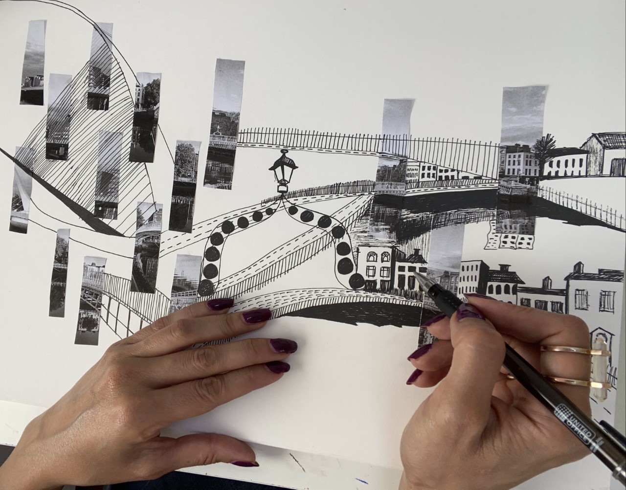 Woman hands drawing on a Black and white collage of Dublin bridges 