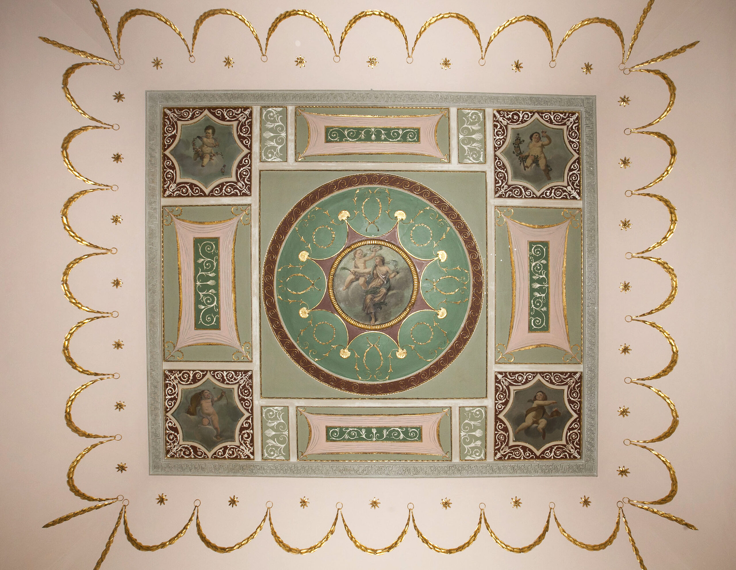 Ornate ceiling depicting generic Goddess in a circular central panel and putti at each corner depicting the four seasons.