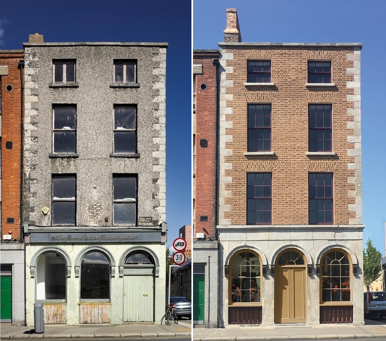 Side by side images displaying the before (derelict) and after (renovated) 4 storey building
