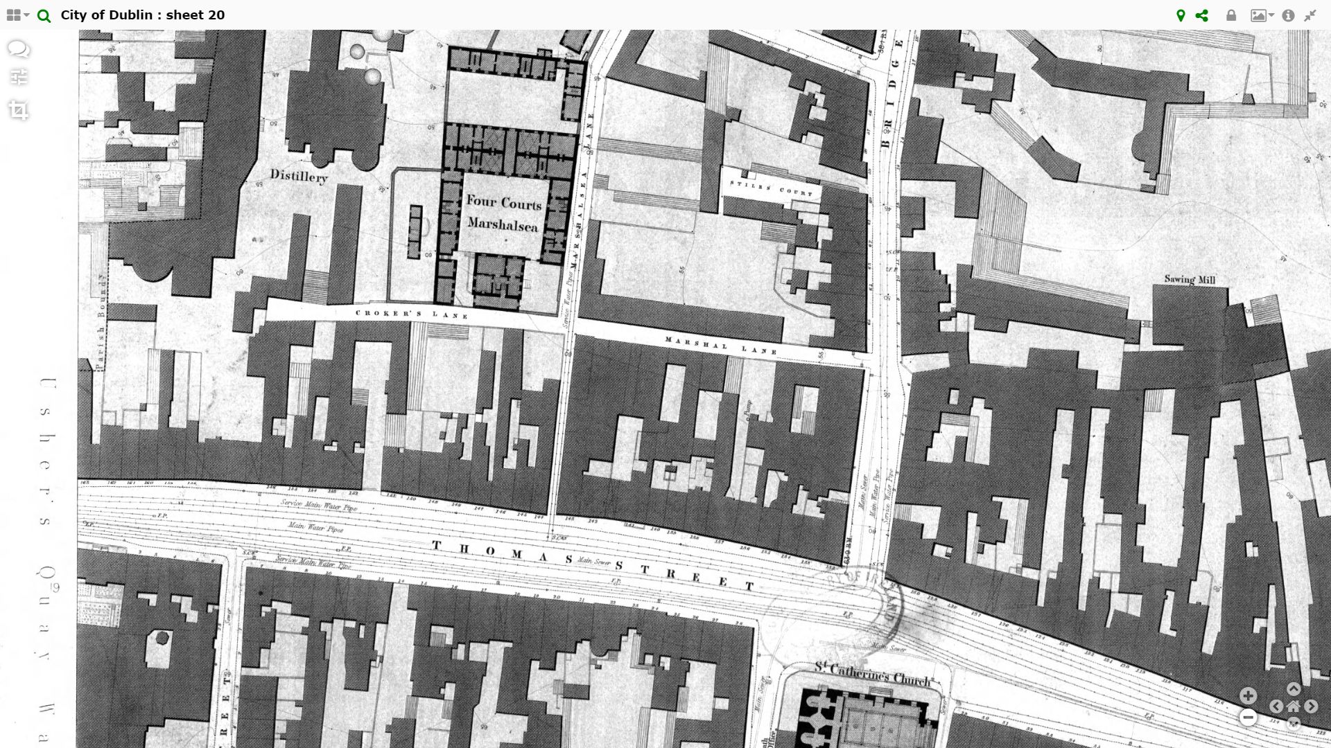 Detail from the 1847 Ordnance survey map of Dublin showing the loation of the Four Courts Marshalsea just of Thomas Street.