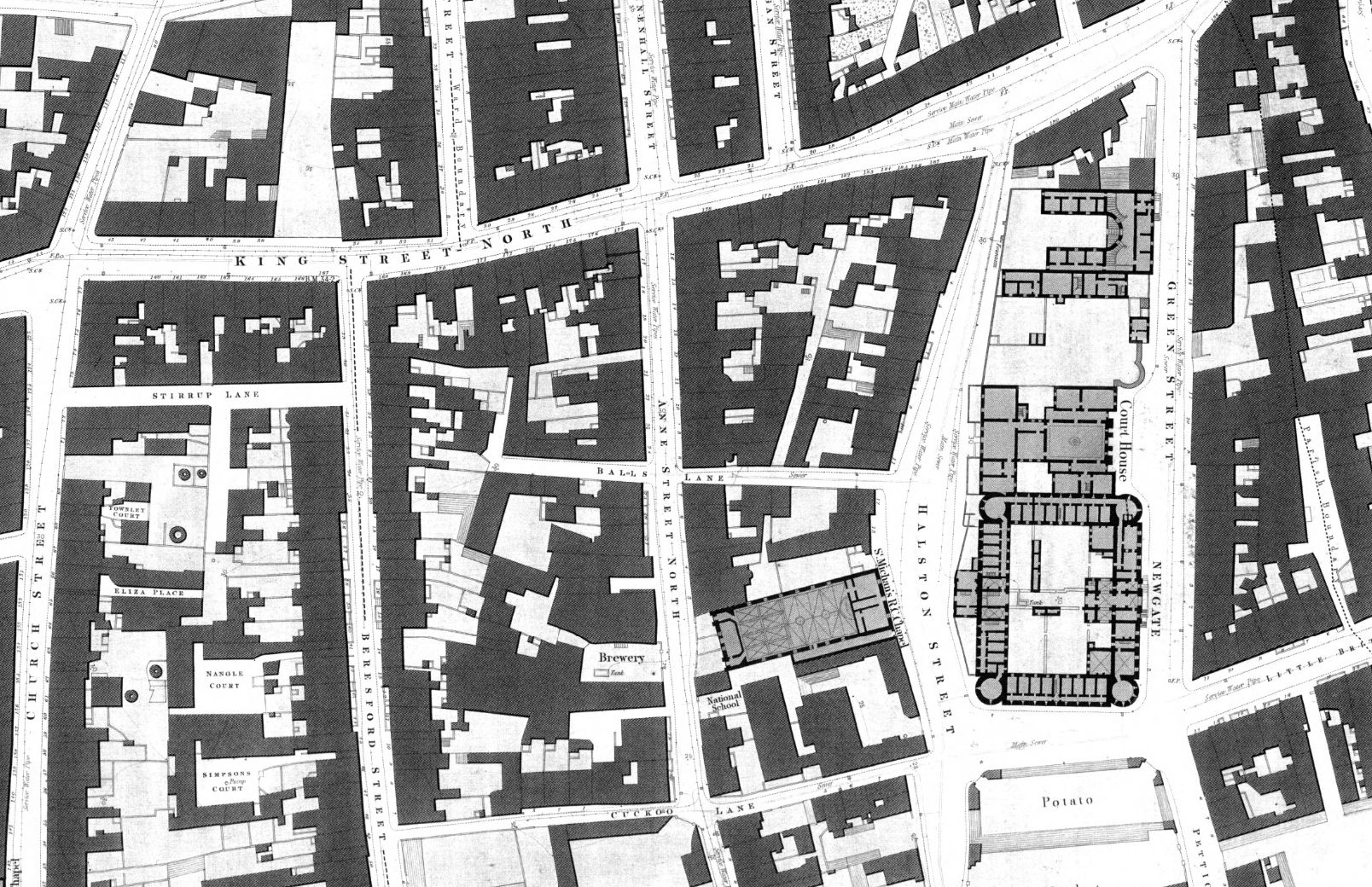 Ordnance Survey map of Dublin, 1847 showing the location of 'New' Newgate Prison, the City Marshalsea and Sheriff's Debtors' Prison