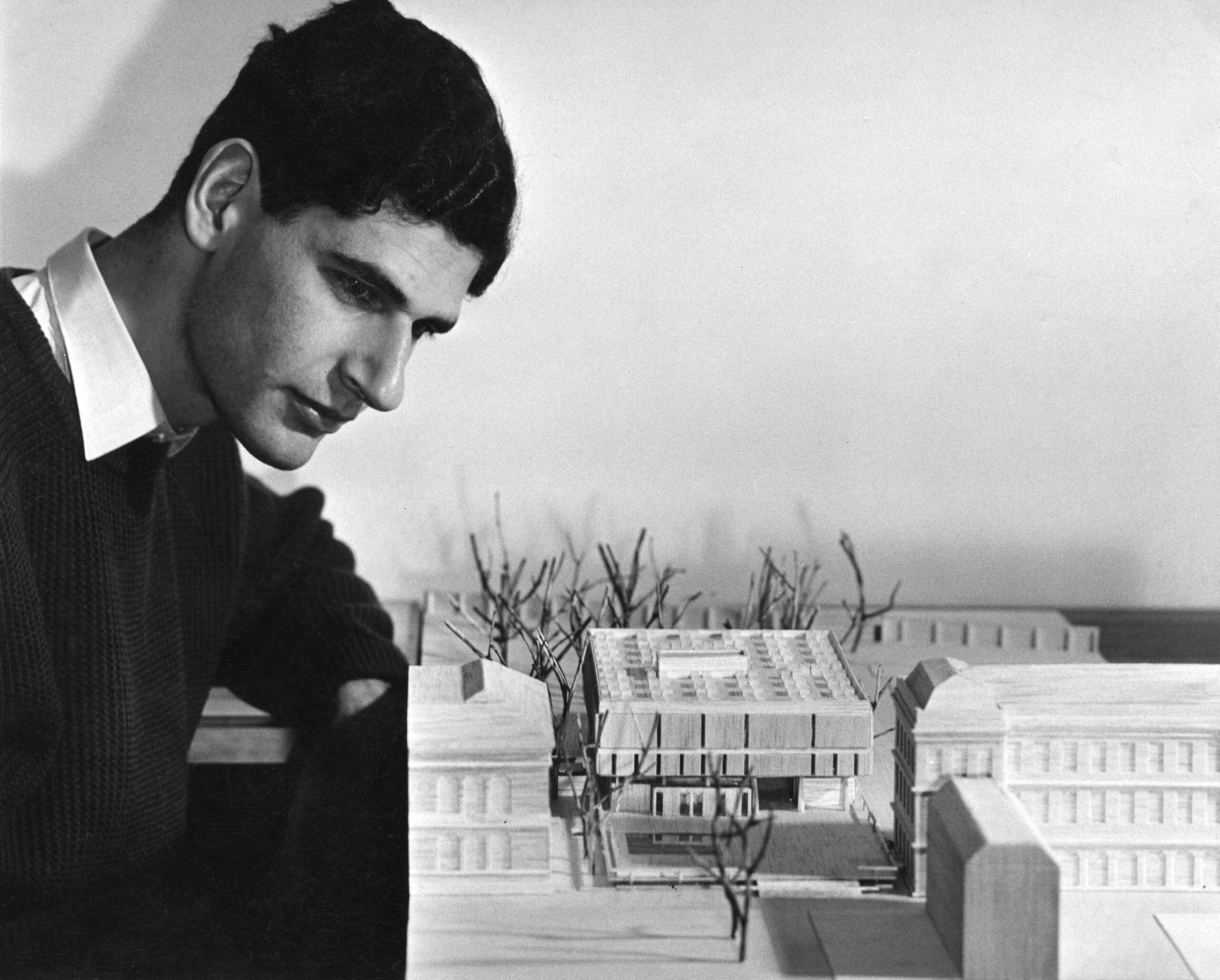 Man (Paul Koralek) looks at a 3d model of Berkeley Library