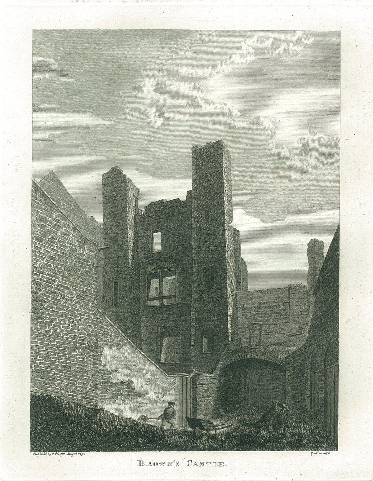 Engraving of the semi-ruinous Brown's Castle, a tower on the medieval walls of Dublin which once housed the notorious Black Dog Prison.