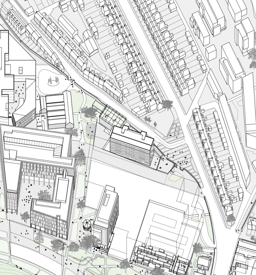 Drawing section of Grangegorman map showing aerial design view of the new school and it's surrounds.