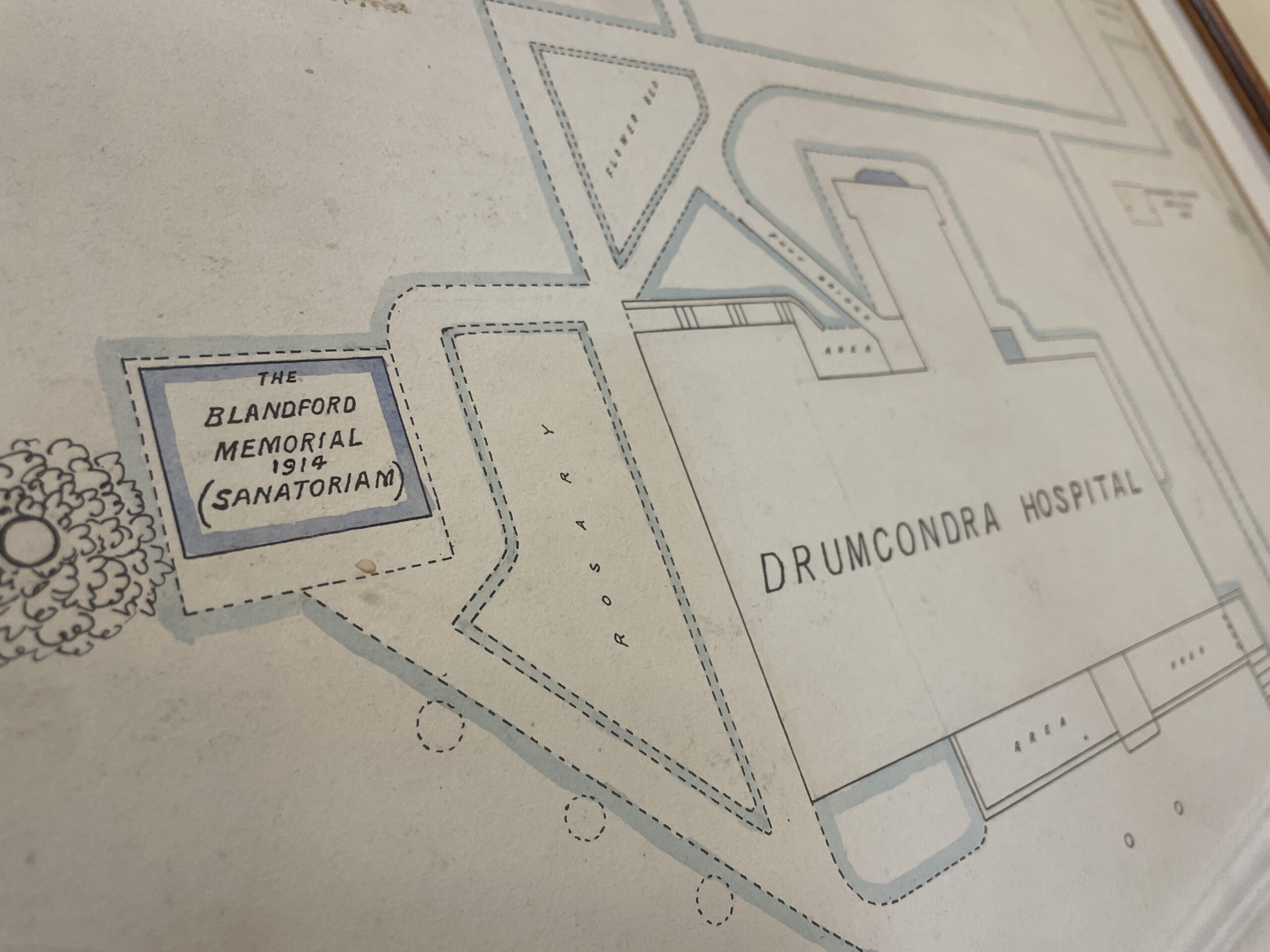 A historical plan of the site describes an early arrangement of the hospital building and surrounding outbuildings.