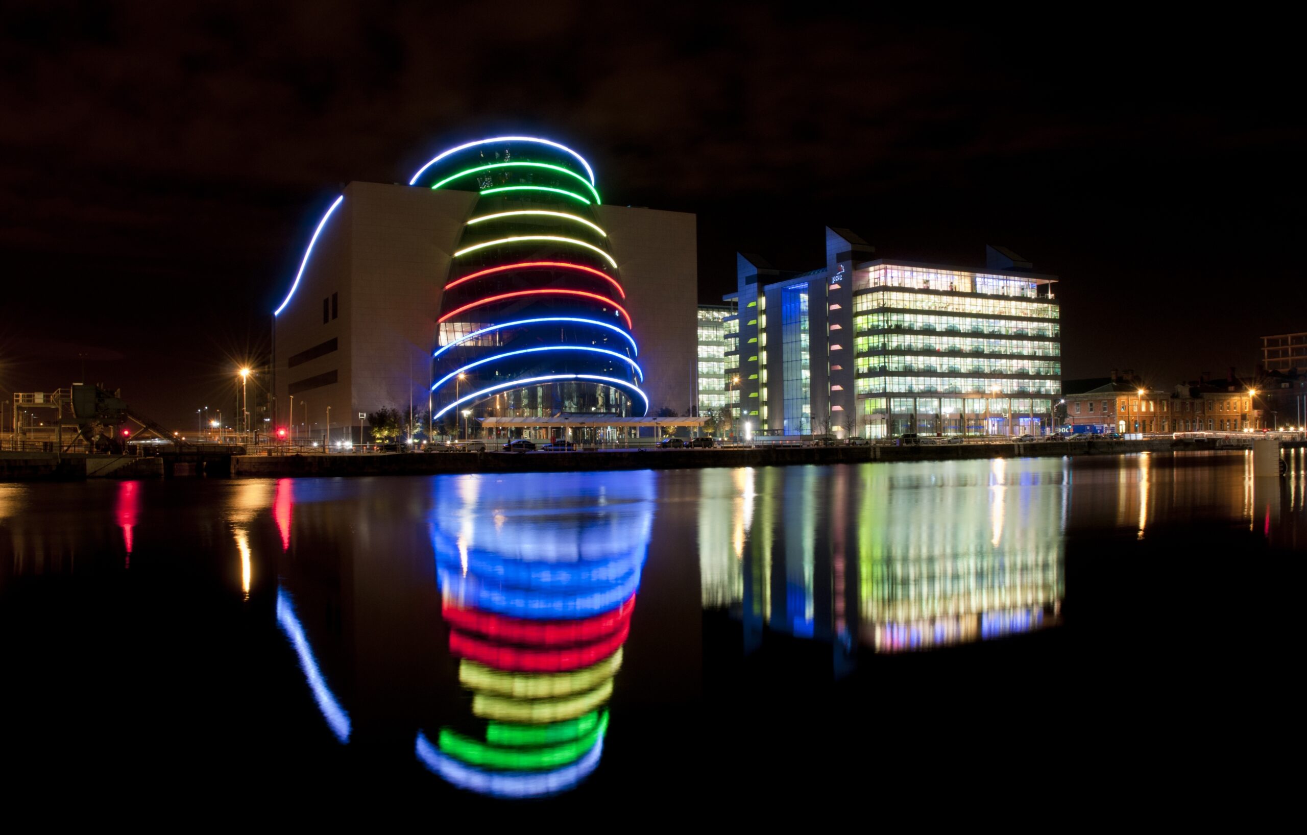 The CCD at night with external ring beams lit up in multi colours