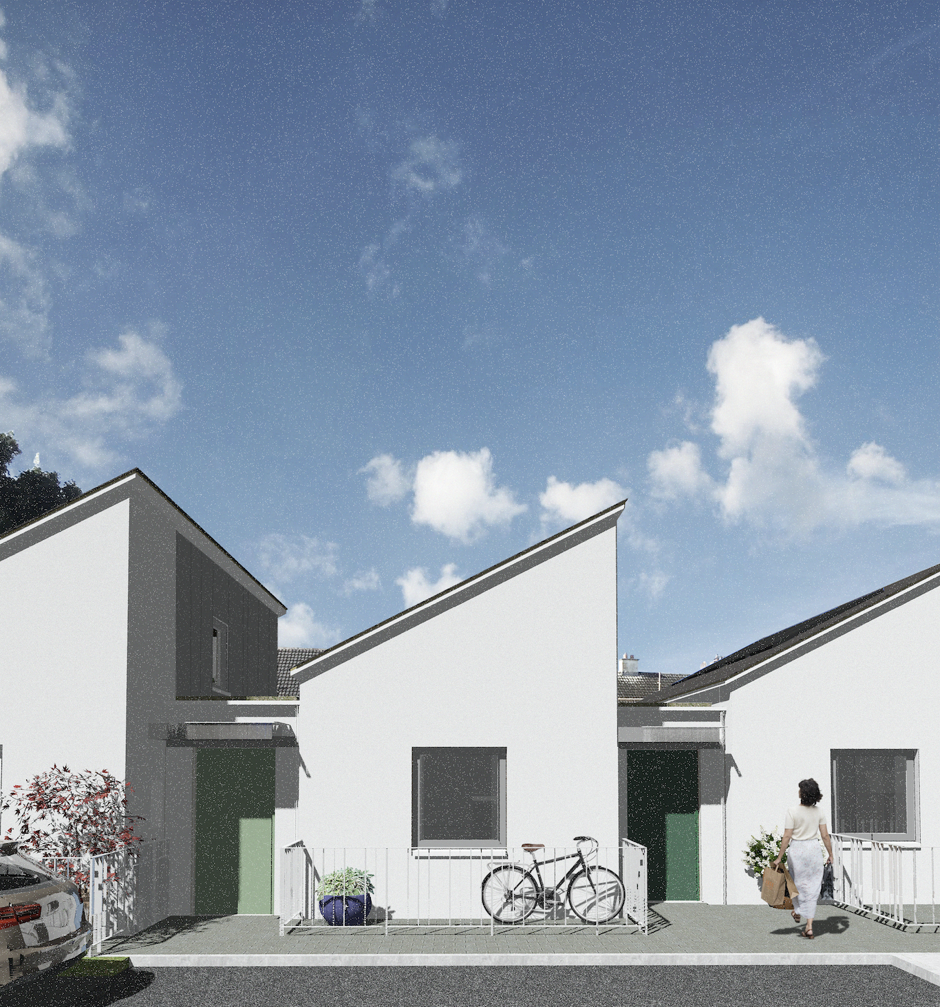 three contemporary white houses against blue sky