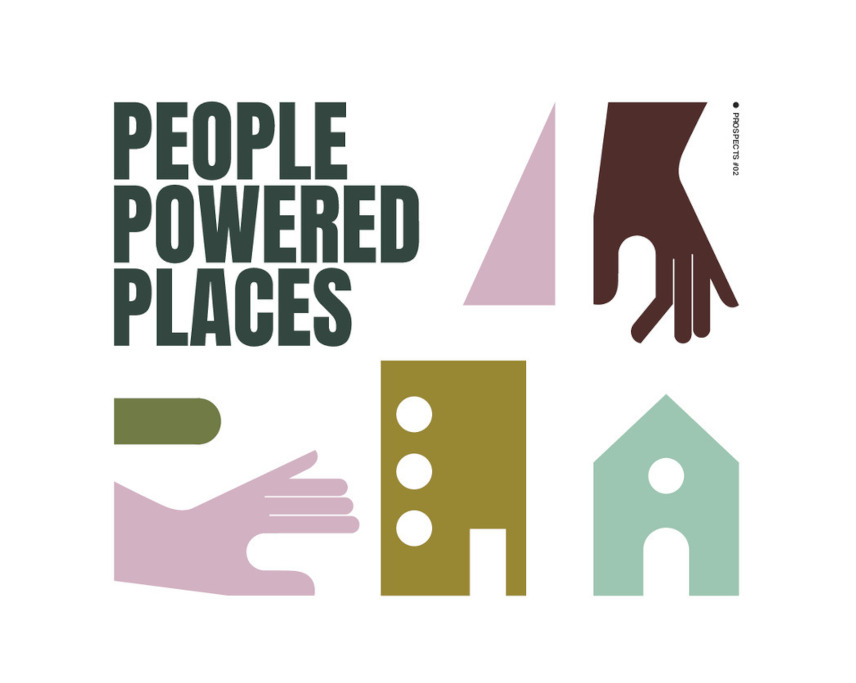 Typographic image with exhibition title, People Powered Places and sillouettes of gable fronted house.