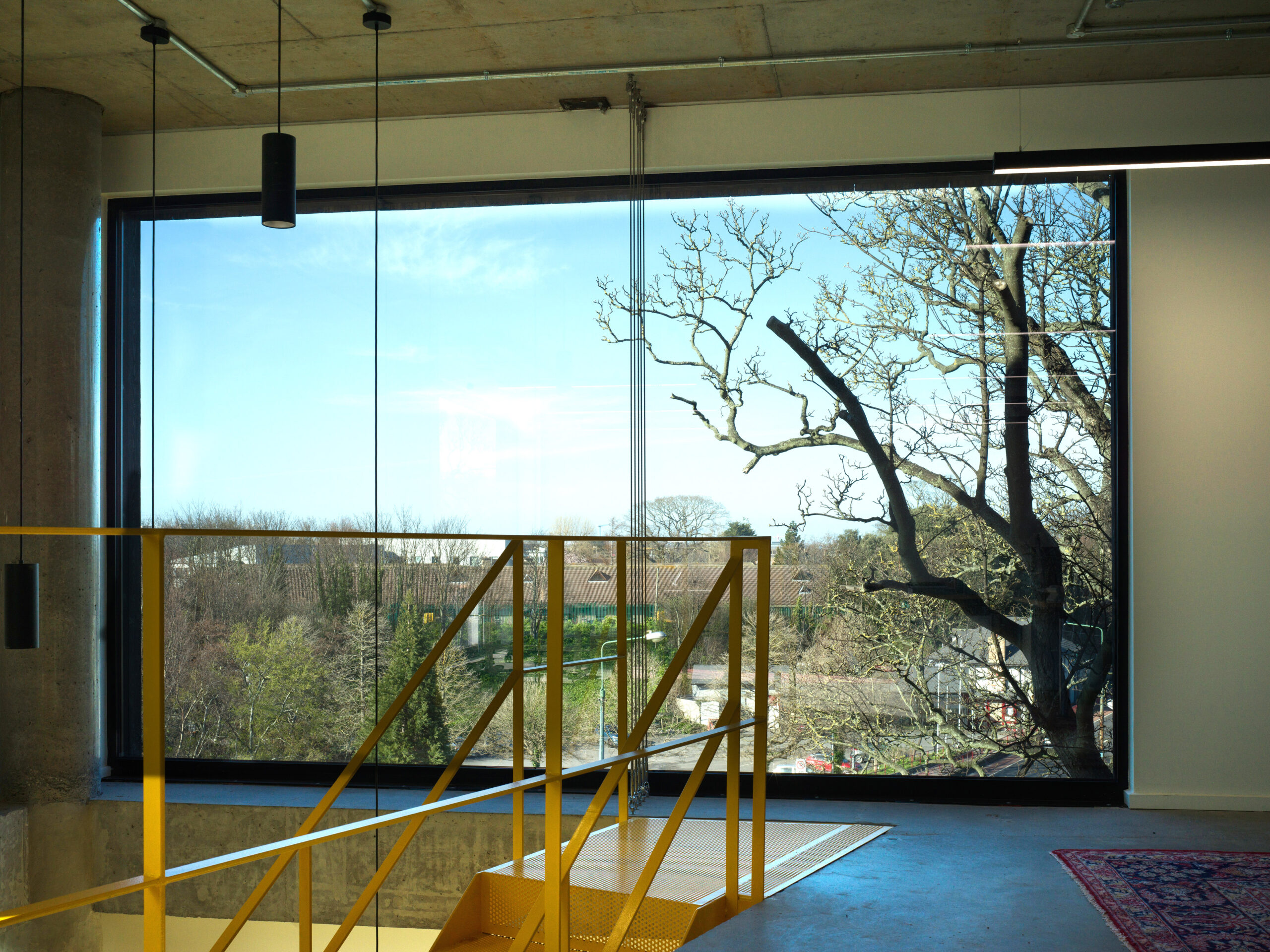 A close-up of a large plate-glass window, in landscape orientation. In front of it are visible the top of a bright yellow metal staircase, a plain concrete floor, and a fragment of a red oriental rug. Outside the window is a bare winter tree, and further away other trees and residential rooftops can be seen. In front of the window hang industrial-style lights.
