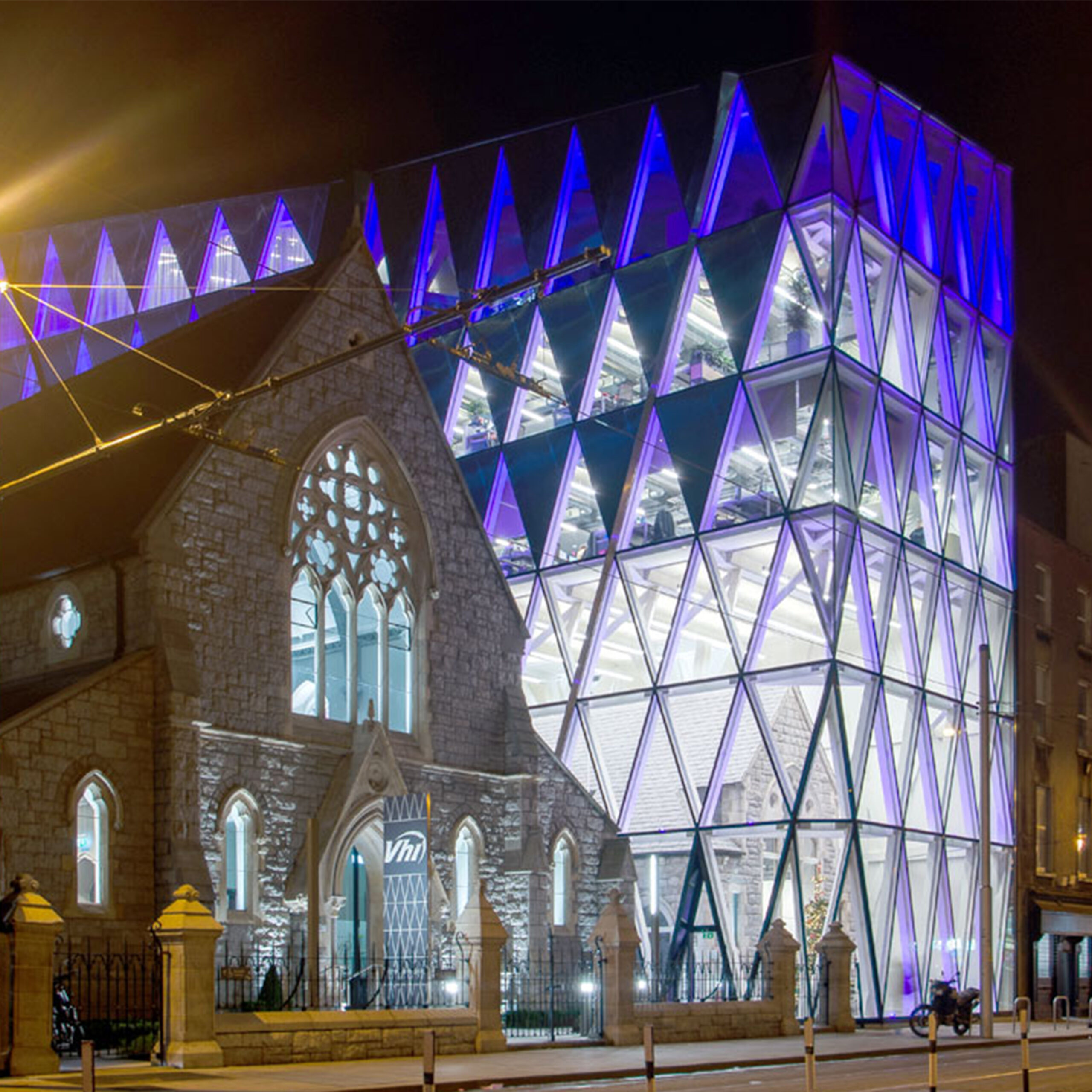 Scots Presbyterian lit up at night