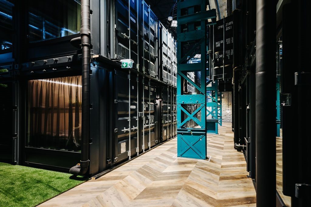 Interior of the Hektor Container Hotel in a former locomotive depot